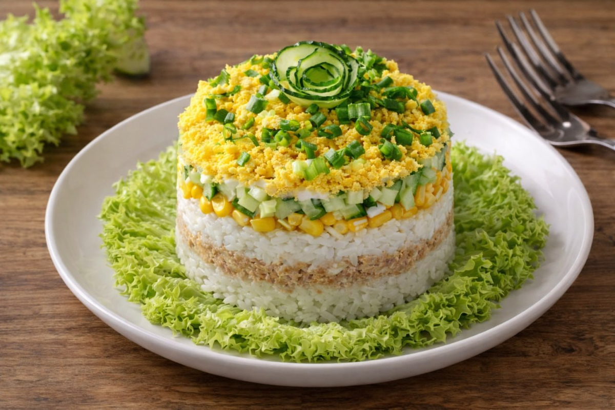 Вкусный слоёный салат с рисом и печенью трески – идеальное блюдо для любого застолья